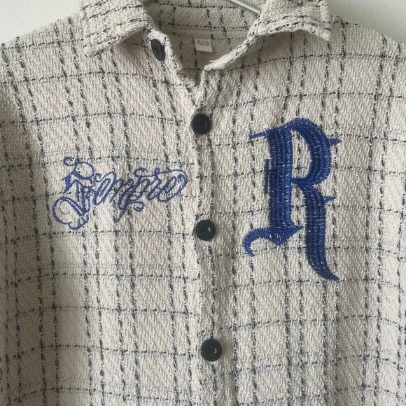 Checkered Flannel Long Sleeve Women’s Shirt Cream Blue Embroidered Size L - Picture 3 of 6
